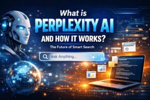 What is Perplexity AI and how it works explained with AI search engine interface and smart search concept illustration