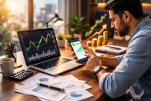 Investor analyzing Yaap Digital IPO allotment status and listing gain strategy on smartphone and laptop before IPO listing day