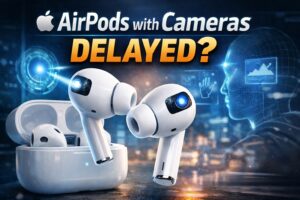 AirPods with cameras concept showing Apple AI earbuds with advanced sensors and spatial computing features