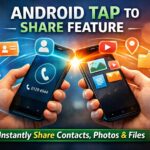 Android Tap to Share feature showing instant sharing of contacts, photos, and files between two Android phones