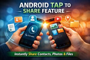 Android Tap to Share feature showing instant sharing of contacts, photos, and files between two Android phones