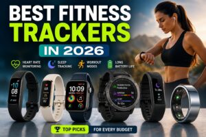 Best fitness trackers in 2026 showing smartwatch, fitness band, and smart ring with health tracking features