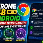 Chrome 148 Beta Android update showcasing new features like Web Serial API, SharedWorker support, and AI Prompt API on mobile browser
