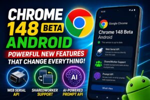 Chrome 148 Beta Android update showcasing new features like Web Serial API, SharedWorker support, and AI Prompt API on mobile browser