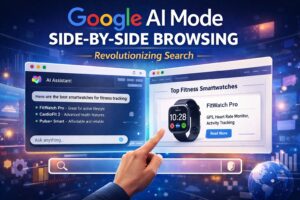 Google AI Mode side-by-side browsing feature showing AI assistant and website displayed together on one screen for seamless search experience