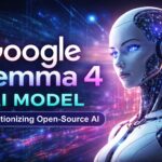 Google Gemma 4 AI model futuristic banner showing advanced open-source artificial intelligence technology with humanoid robot and digital background