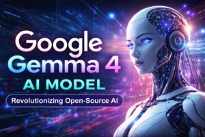 Google Gemma 4 AI model futuristic banner showing advanced open-source artificial intelligence technology with humanoid robot and digital background