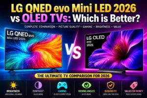 LG QNED evo Mini LED 2026 vs OLED TVs comparison showing brightness, contrast, and picture quality differences