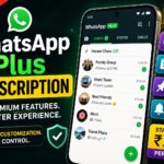 WhatsApp Plus Subscription showing premium features, custom themes, stickers, and advanced chat tools by Meta