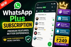 WhatsApp Plus Subscription showing premium features, custom themes, stickers, and advanced chat tools by Meta