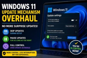 Windows 11 update mechanism overhaul showing new update controls and no forced updates interface