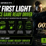 007 First Light GeForce Game Ready Driver promotional image showcasing NVIDIA RTX gaming upgrades, DLSS 4.5 technology, AI-powered frame generation, ray tracing enhancements, and next-generation GeForce gaming performance.