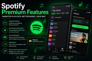 Spotify Premium Features update showcasing AI playlist creation and advanced music streaming tools