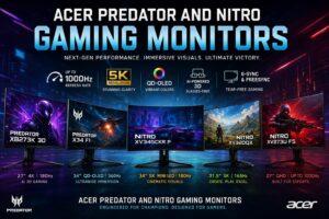 Acer Predator and Nitro Gaming Monitors featuring 1000Hz refresh rate, 5K resolution, QD-OLED technology, AI-powered 3D gaming, and premium esports display performance