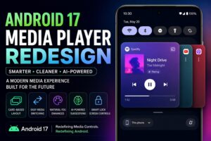 Android 17 media player redesign showing new card-based media controls with AI-powered Android UI and Material You design enhancements.