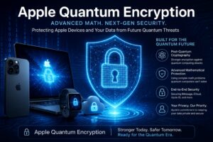 Apple quantum encryption technology protecting iPhone and cloud data against future quantum cyber attacks and AI-powered hacking threats.