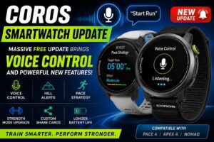 COROS smartwatch update showing new voice control features, Pace Strategy, hill alerts, and advanced fitness tracking on COROS sports watches in 2026