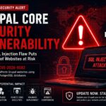 Drupal core security vulnerability warning displayed on enterprise website dashboard with cybersecurity threat monitoring and SQL injection attack visualization.
