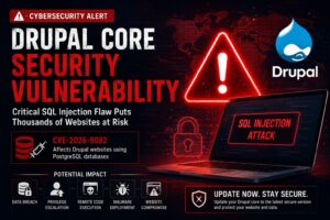 Drupal core security vulnerability warning displayed on enterprise website dashboard with cybersecurity threat monitoring and SQL injection attack visualization.