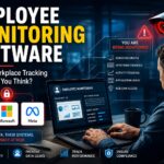 Employee monitoring software tracking employee activity on office laptop with cybersecurity and privacy warning related to Google, Microsoft, and Meta data sharing.