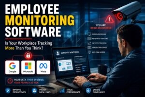 Employee monitoring software tracking employee activity on office laptop with cybersecurity and privacy warning related to Google, Microsoft, and Meta data sharing.