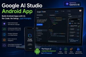 Alt Text:
Google AI Studio Android app interface showing AI-powered Android app development with Gemini AI integration