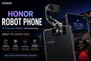 Honor Robot Phone featuring futuristic AI-powered robotic camera technology unveiled at Cannes 2026 for cinematic mobile filmmaking.