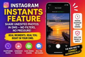 Instagram Instants feature showing disappearing unedited photos in Instagram DMs