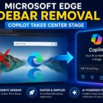 Microsoft Edge interface showing sidebar removal and Copilot AI integration