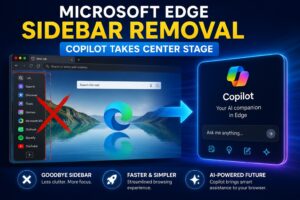 Microsoft Edge interface showing sidebar removal and Copilot AI integration