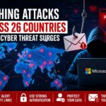 Phishing attacks across 26 countries Microsoft cyber threat illustration showing global hacking activity and fake email phishing alerts