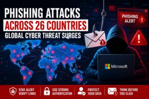 Phishing attacks across 26 countries Microsoft cyber threat illustration showing global hacking activity and fake email phishing alerts