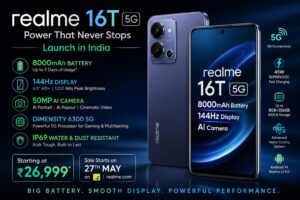 Realme 16T 5G smartphone featuring 8000mAh battery, 144Hz display and AI camera features in India launch event