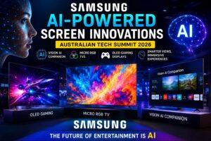 Samsung AI-powered screen innovations showcased with Vision AI TVs and OLED gaming displays at Australian Tech Summit 2026