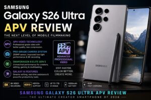 Samsung Galaxy S26 Ultra APV review showing advanced AI video recording, professional camera system, and next-generation mobile filmmaking features