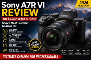Sony A7R VI Review showing Sony’s 66.8MP full-frame mirrorless camera with AI autofocus and 8K video features for professional photography and filmmaking.