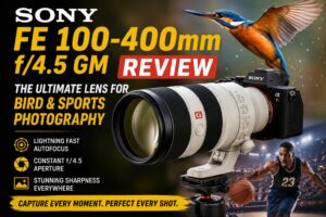 Sony FE 100-400mm f/4.5 GM telephoto lens attached to Sony A7R VI for bird photography and sports photography outdoors