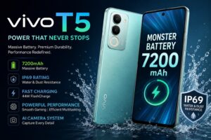 Vivo T5 smartphone featuring a massive 7200mAh battery and premium IP69 water and dust resistance design