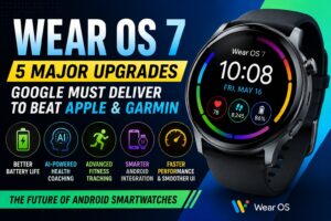 Wear OS 7 smartwatch showing AI health tracking, fitness analytics, and improved battery features