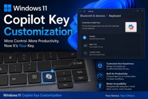 Windows 11 Copilot Key Customization update on Microsoft AI laptop keyboard with remappable Copilot button