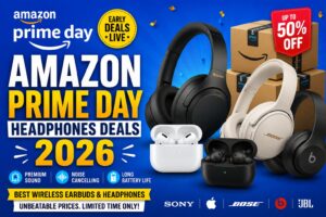 Amazon Prime Day Headphones Deals 2026 featuring best wireless noise cancelling headphones for travel, premium wireless earbuds, Bluetooth headphones, and ANC audio devices at discounted prices.