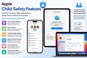 Apple Child Safety Features showing advanced parental controls, Screen Time management, safer browsing tools, and enhanced family safety protections on Apple devices