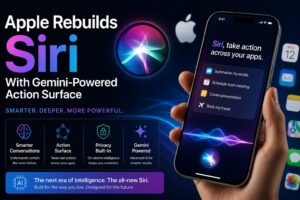 Apple Rebuilds Siri With Gemini-Powered Action Surface showcasing Apple's next-generation AI assistant with advanced contextual intelligence and app automation.