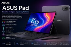 ASUS Pad featuring a 12.2-inch 144Hz OLED display, AI-powered productivity tools, premium audio system, and lightweight Android tablet design