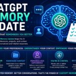 ChatGPT Memory Update infographic showing advanced AI memory features, personalized responses, context retention, user preferences, and improved productivity through smarter AI personalization.
