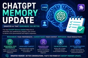 ChatGPT Memory Update infographic showing advanced AI memory features, personalized responses, context retention, user preferences, and improved productivity through smarter AI personalization.
