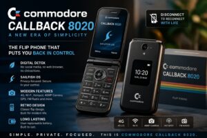 Commodore Callback 8020 flip phone featuring Sailfish OS and privacy-focused digital detox features for reducing smartphone addiction