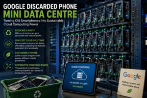Google discarded phone mini data centre project showing recycled smartphones connected as a distributed cloud computing and AI infrastructure network