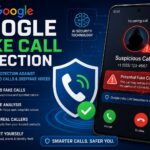 Google Fake Call Detection feature displayed on an Android smartphone screen, showing AI-powered protection against fake calls, voice cloning scams, caller ID spoofing, and impersonation fraud.