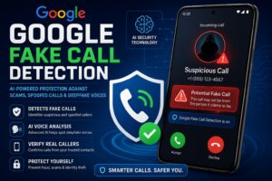 Google Fake Call Detection feature displayed on an Android smartphone screen, showing AI-powered protection against fake calls, voice cloning scams, caller ID spoofing, and impersonation fraud.